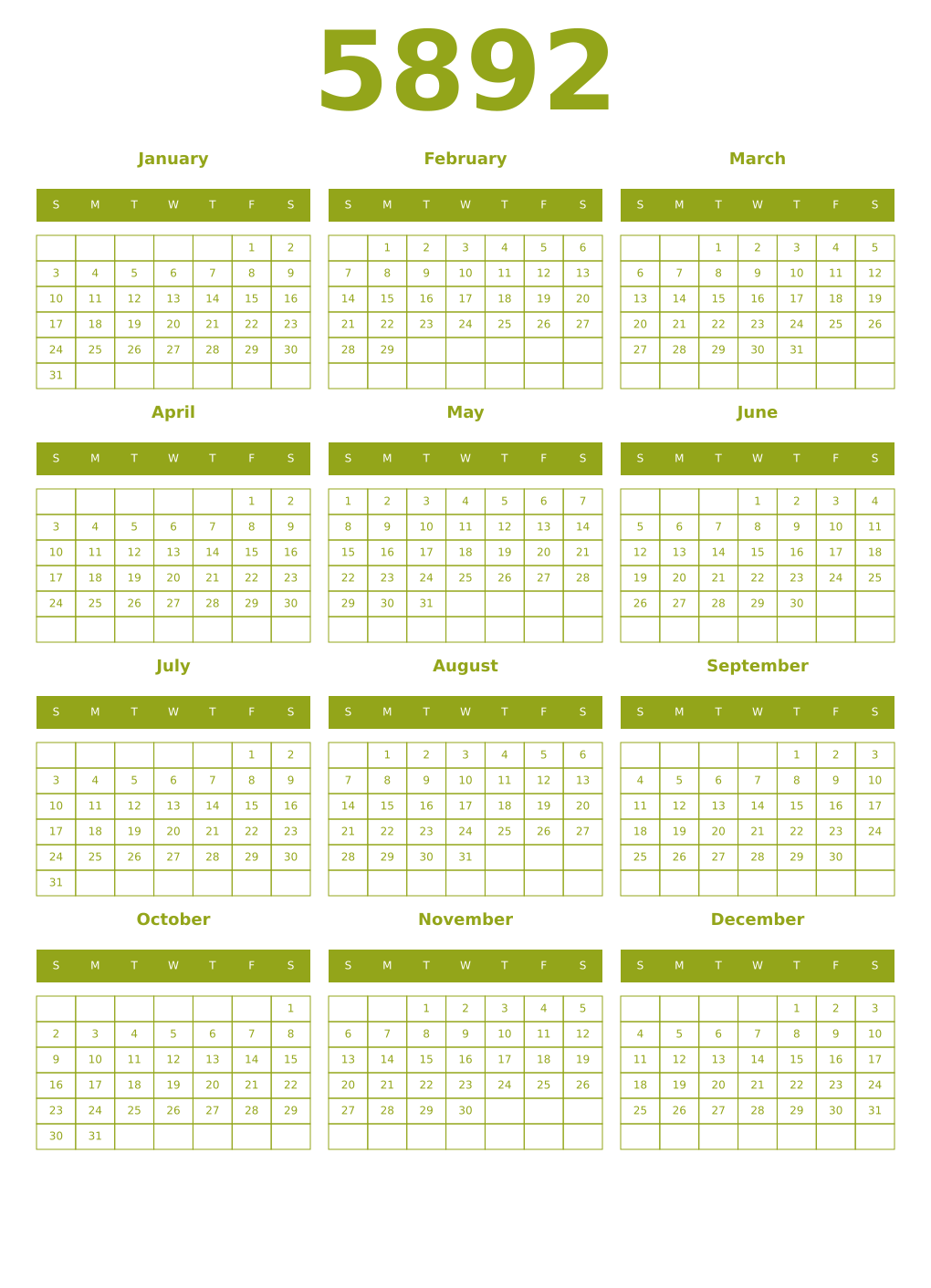 Printable 5892 Year Calendars chartreuse