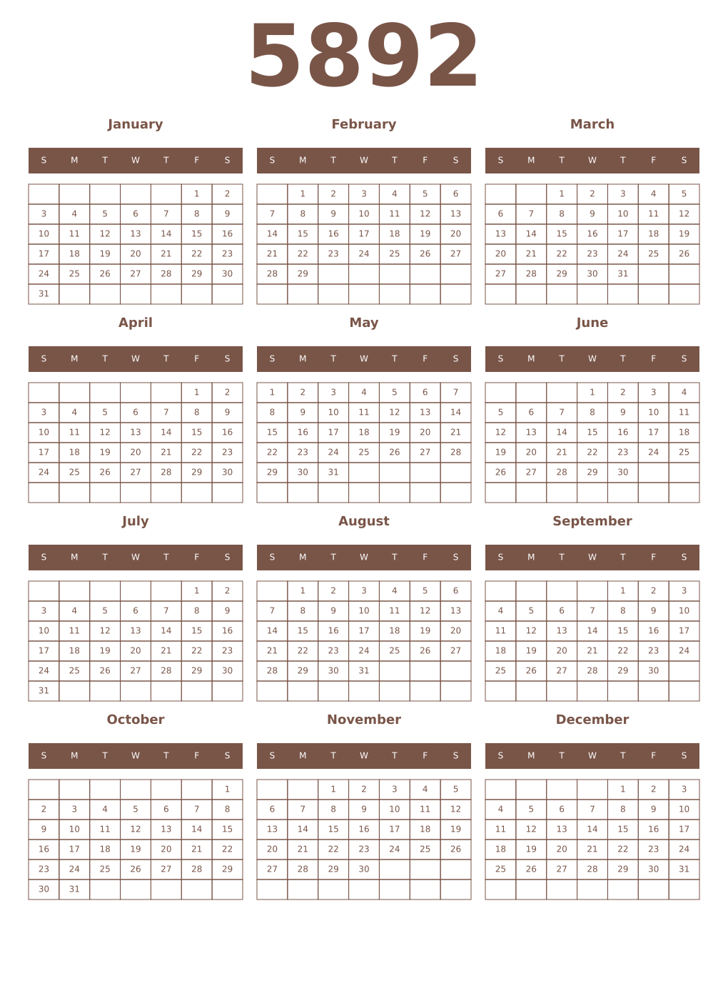 Printable 5892 Year Calendars coffe