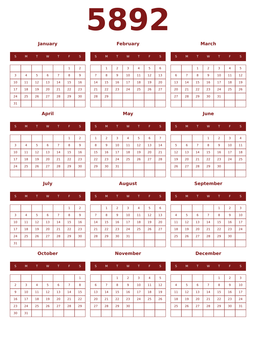 Printable 5892 Year Calendars falu