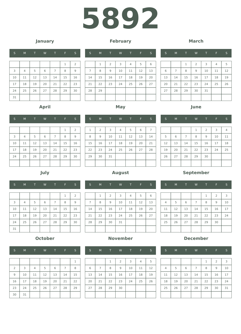 Printable 5892 Year Calendars feldgrau