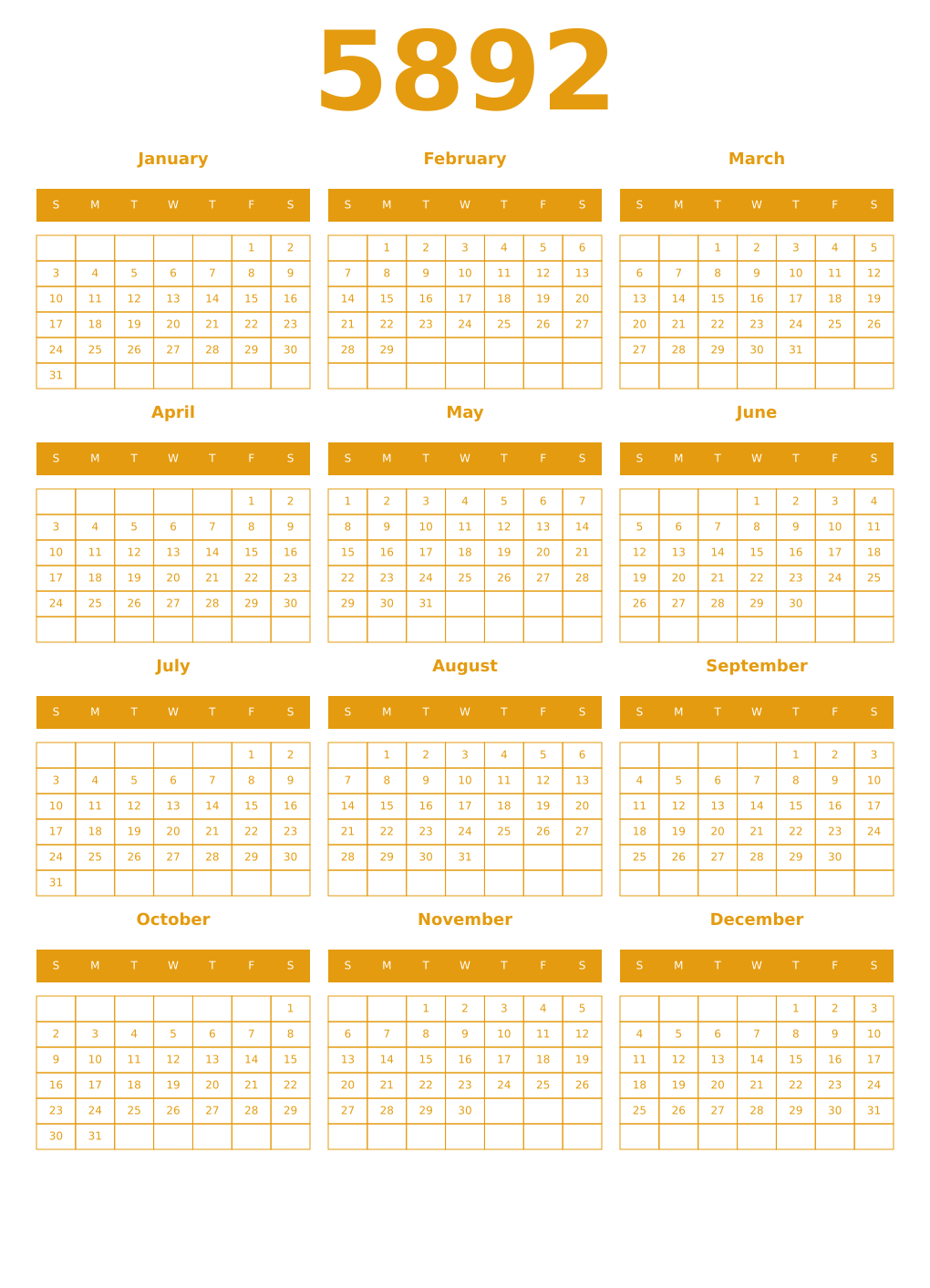 Printable 5892 Year Calendars gamboge