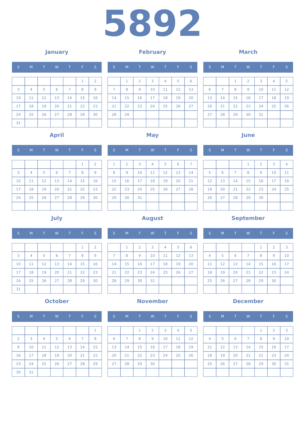 Printable 5892 Year Calendars glaucous