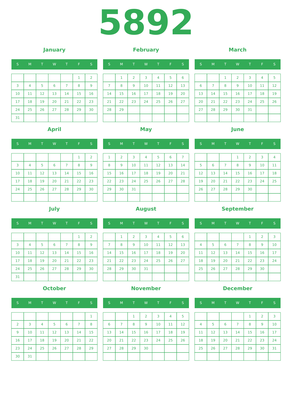 Printable 5892 Year Calendars green