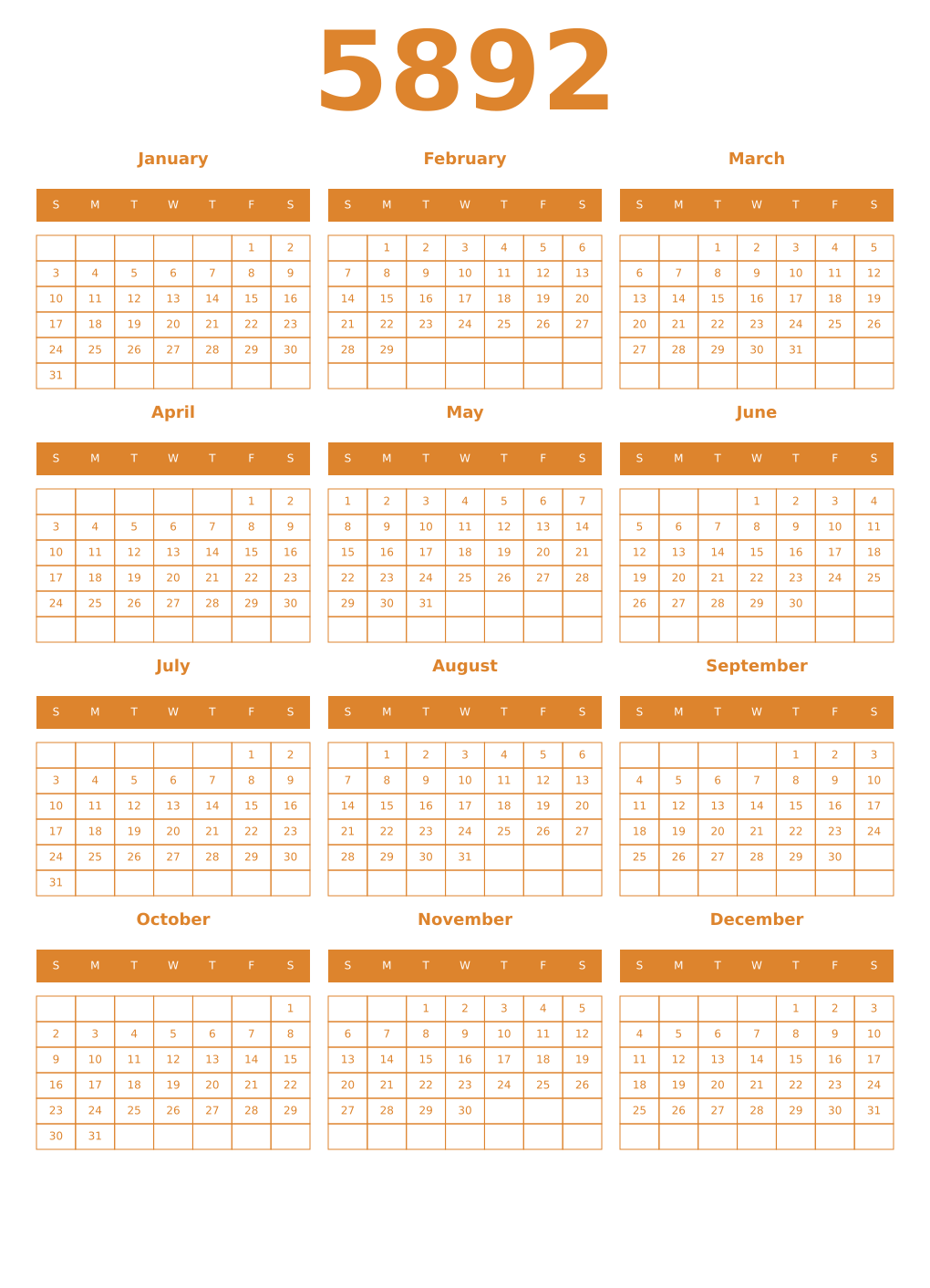 Printable 5892 Year Calendars orange