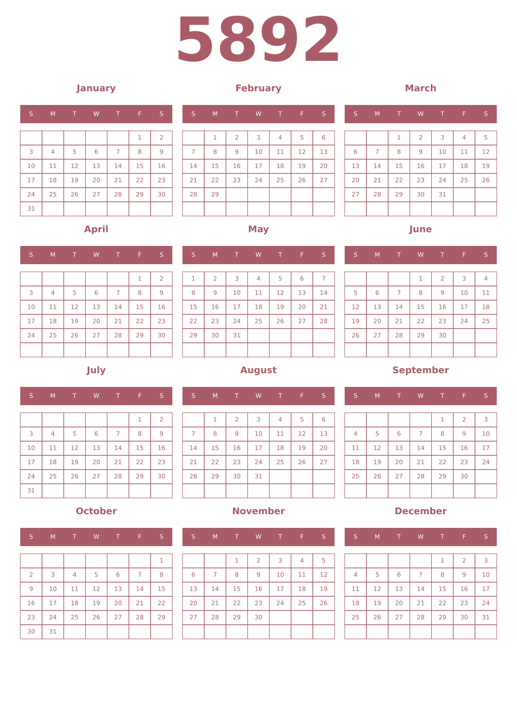 Printable 5892 Year Calendars puce