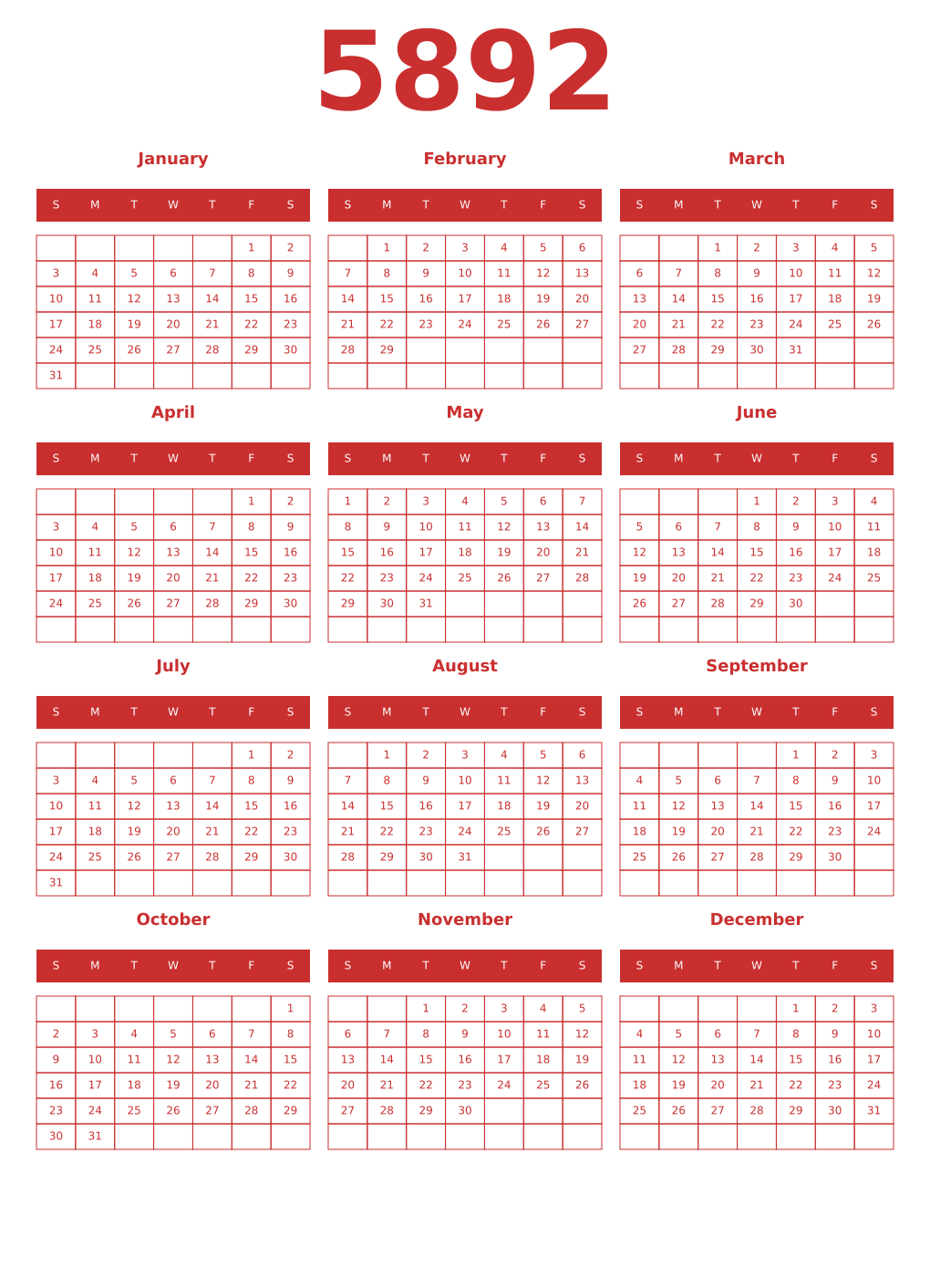 Printable 5892 Year Calendars red