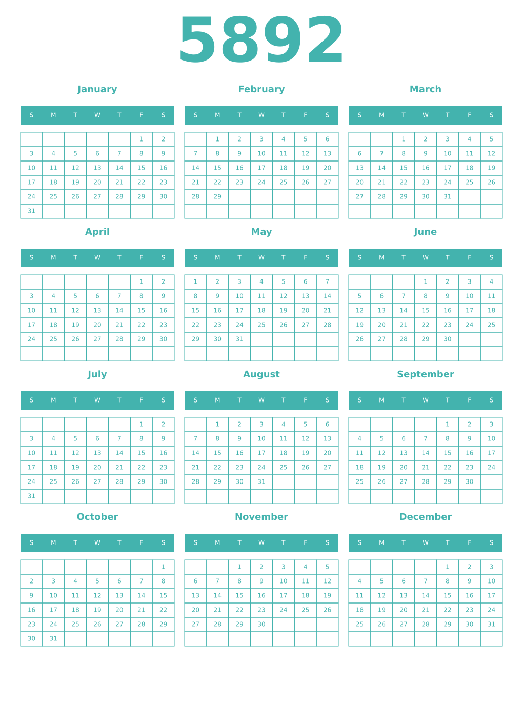 Printable 5892 Year Calendars verdigris