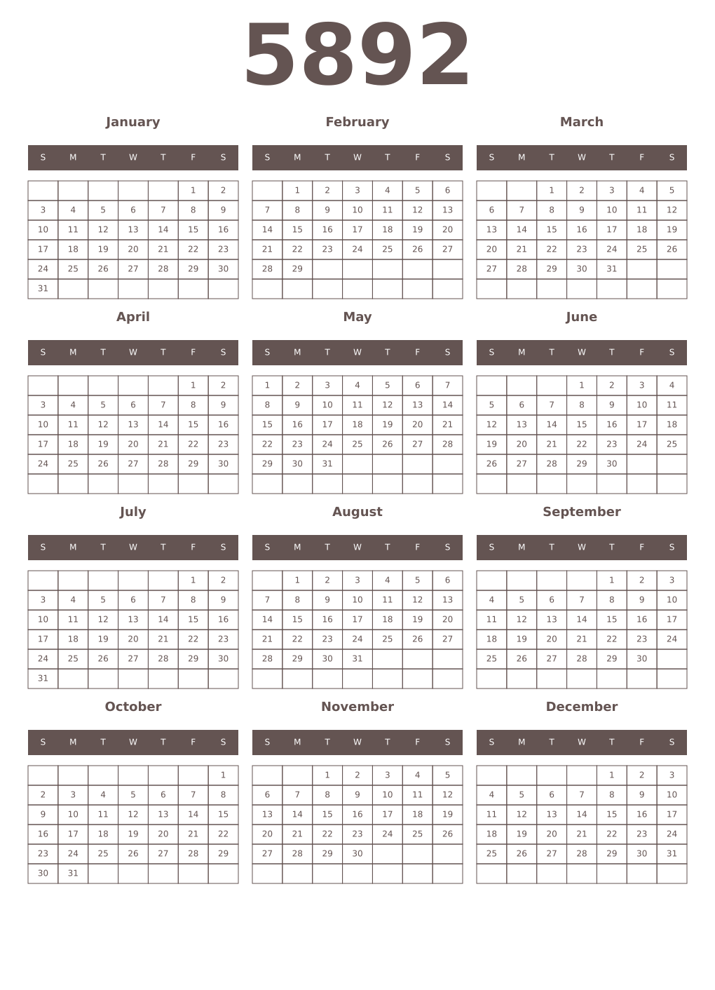 Printable 5892 Year Calendars wenge