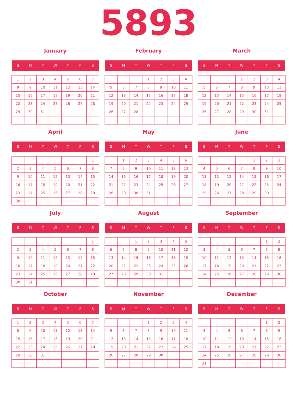 Printable 5893 Year Calendars amaranth