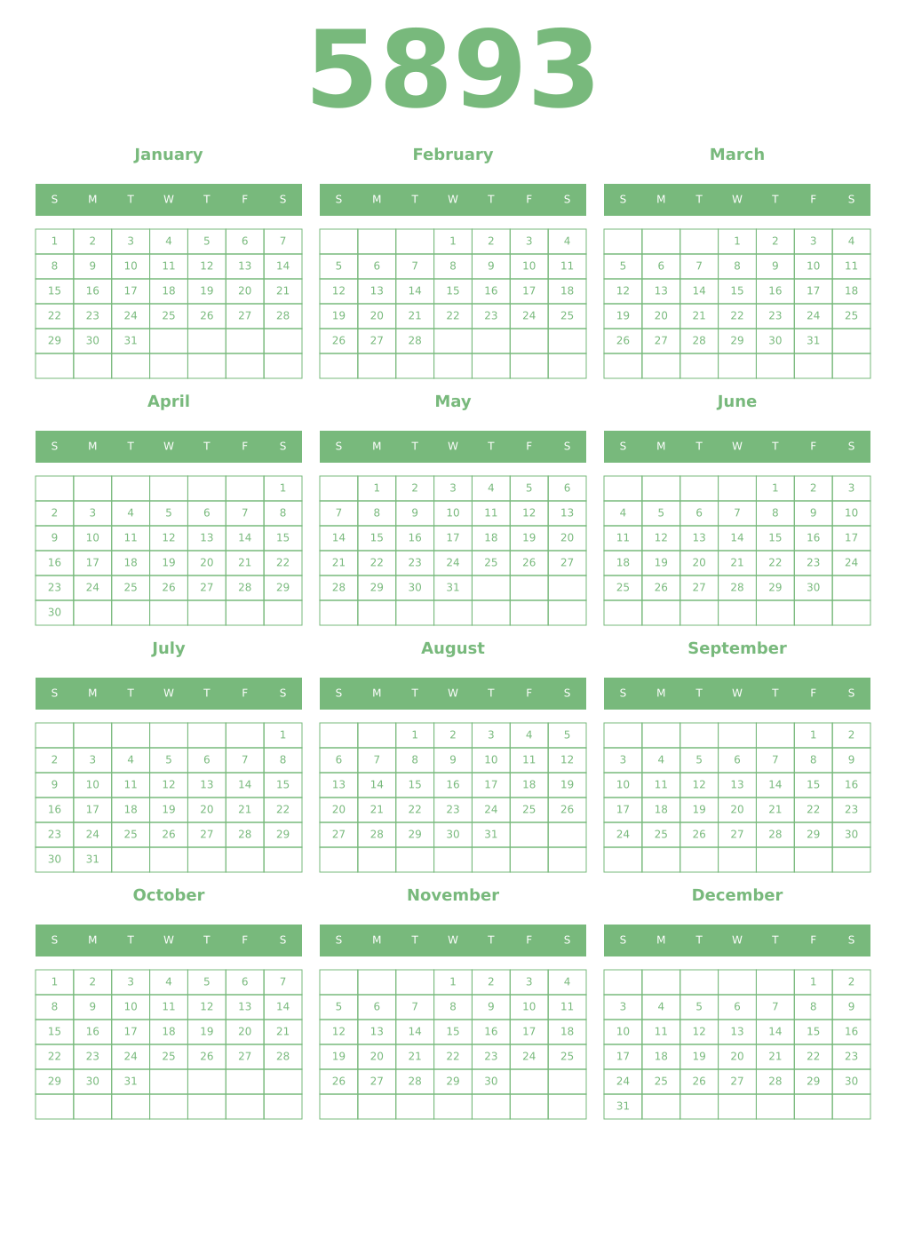 Printable 5893 Year Calendars celadon