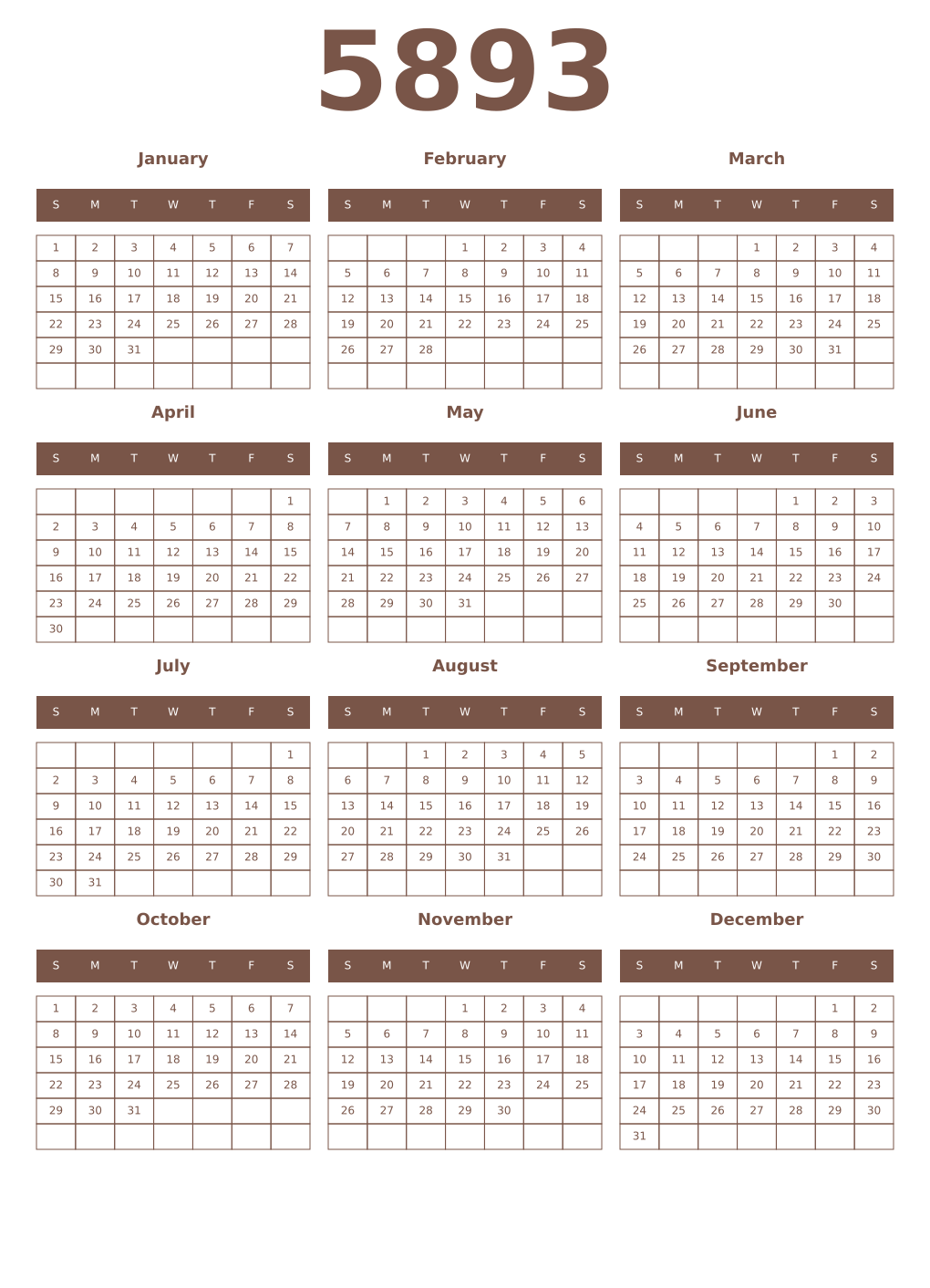 Printable 5893 Year Calendars coffe