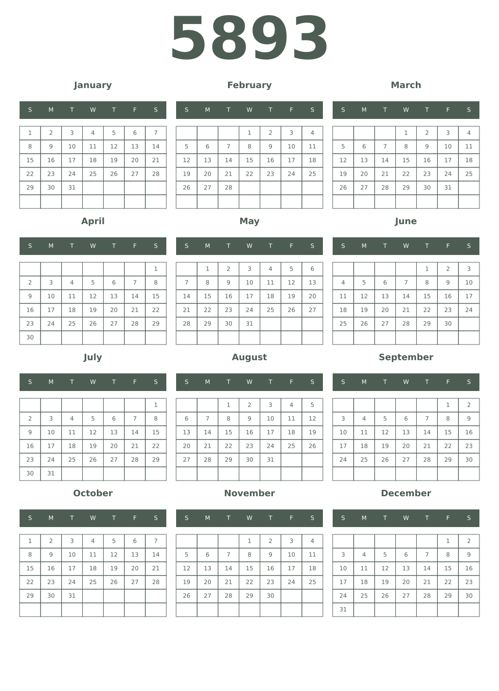Printable 5893 Year Calendars feldgrau