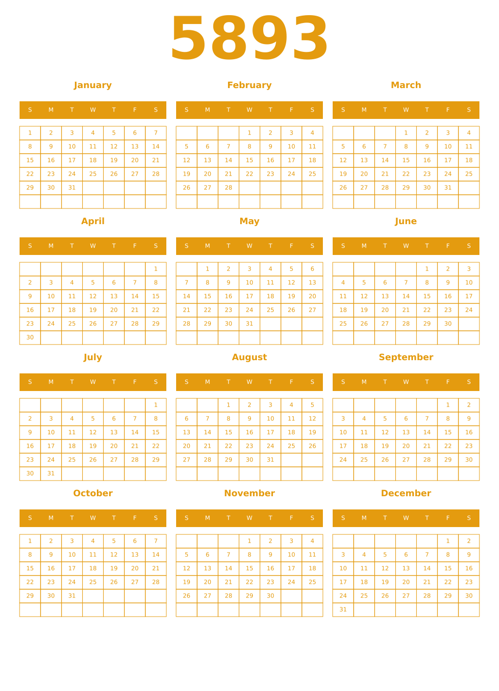 Printable 5893 Year Calendars gamboge