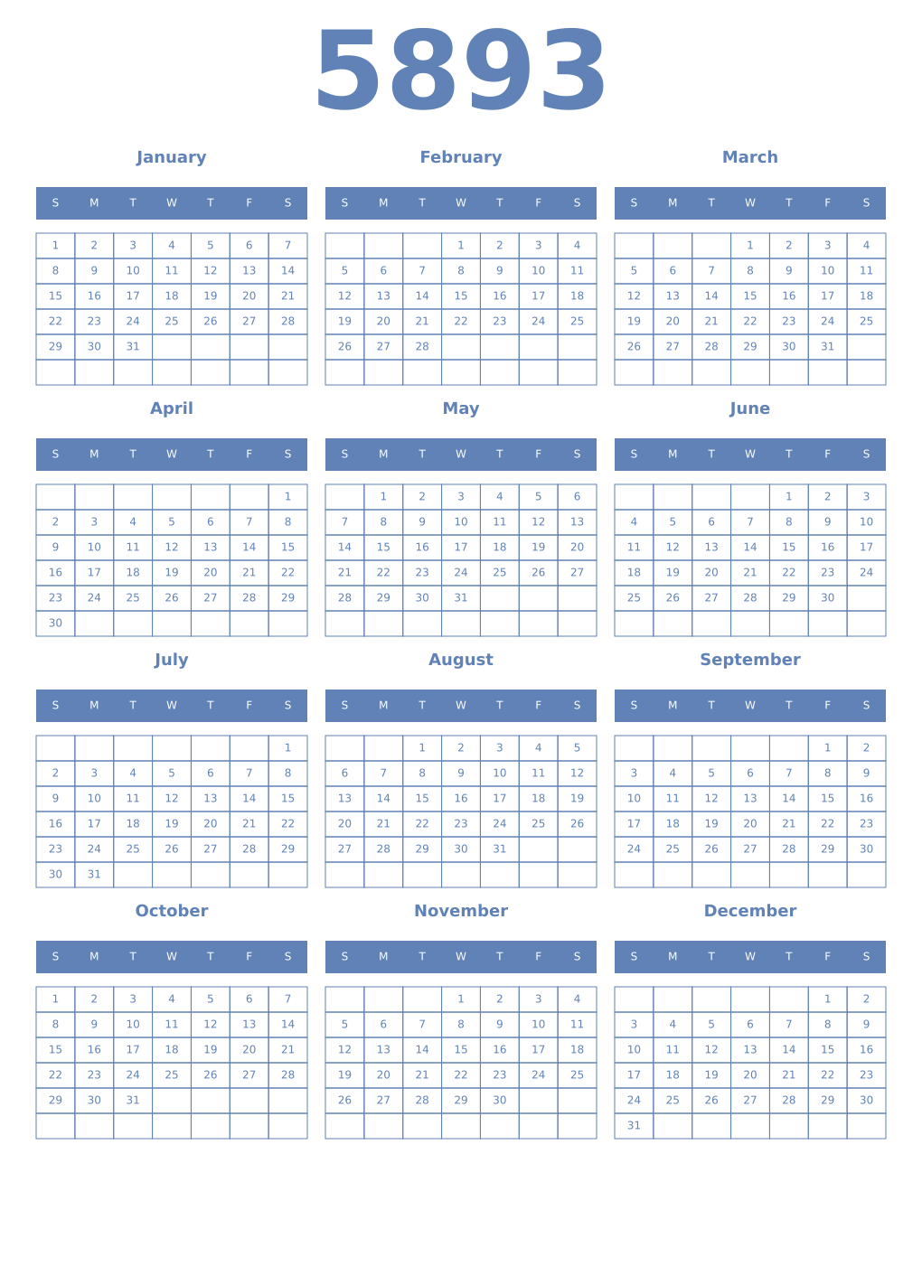 Printable 5893 Year Calendars glaucous