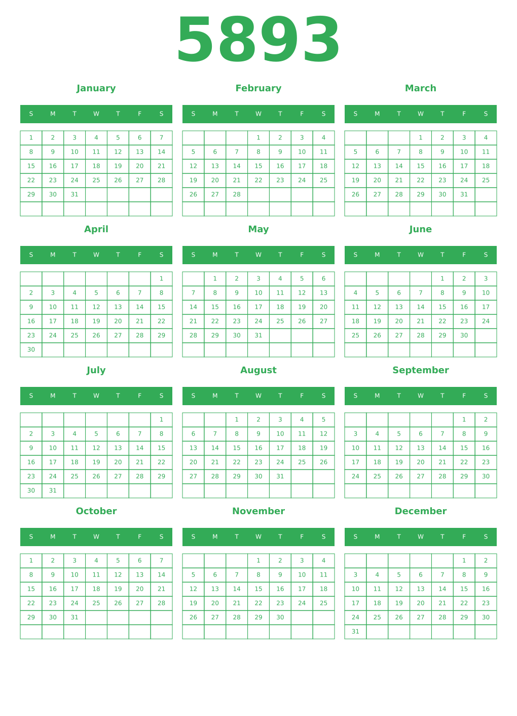 Printable 5893 Year Calendars green