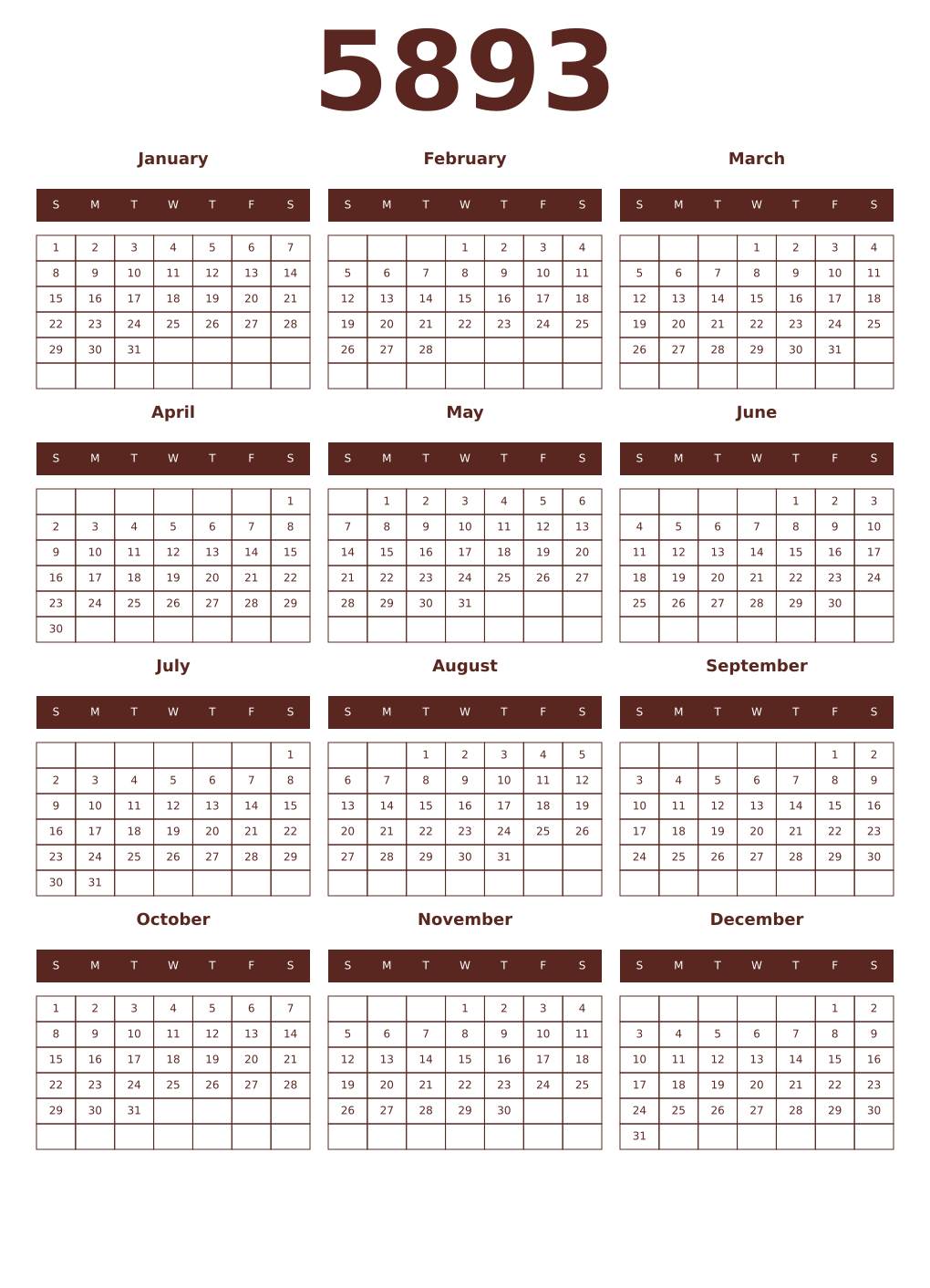 Printable 5893 Year Calendars mortuum