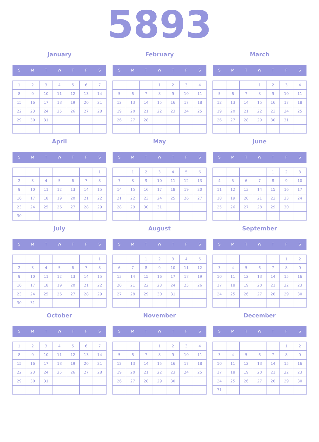 Printable 5893 Year Calendars periwinkle