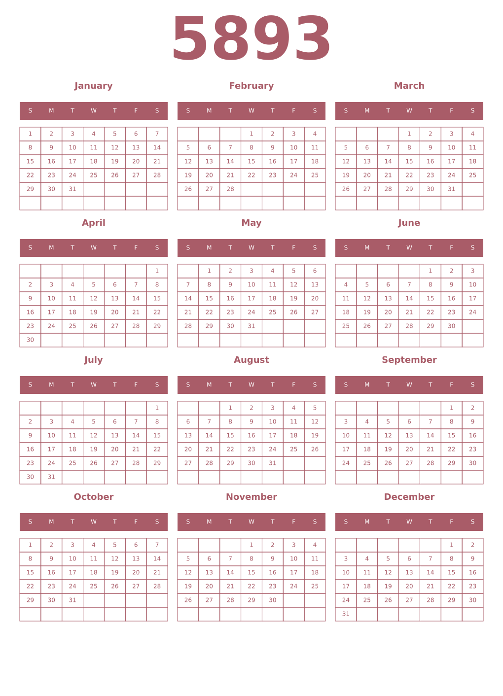 Printable 5893 Year Calendars puce