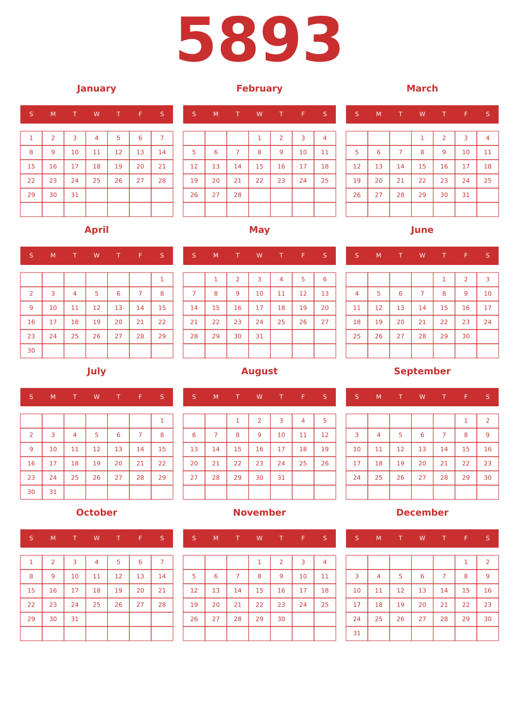 Printable 5893 Year Calendars red