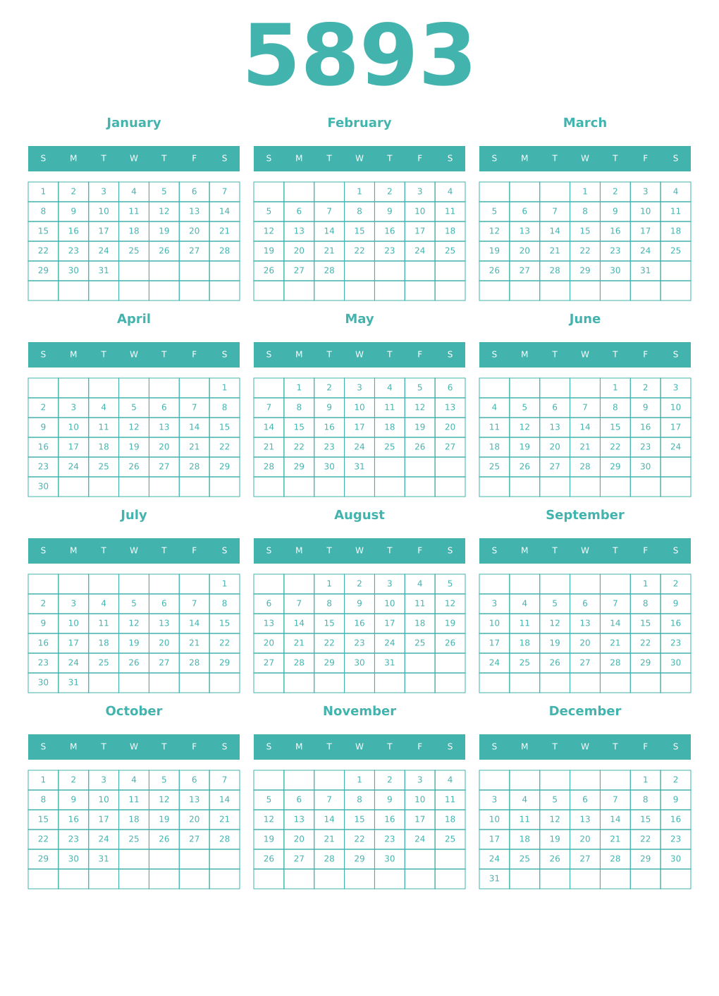 Printable 5893 Year Calendars verdigris