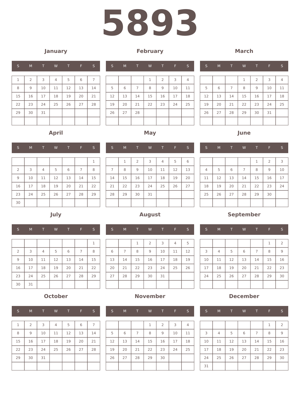 Printable 5893 Year Calendars wenge