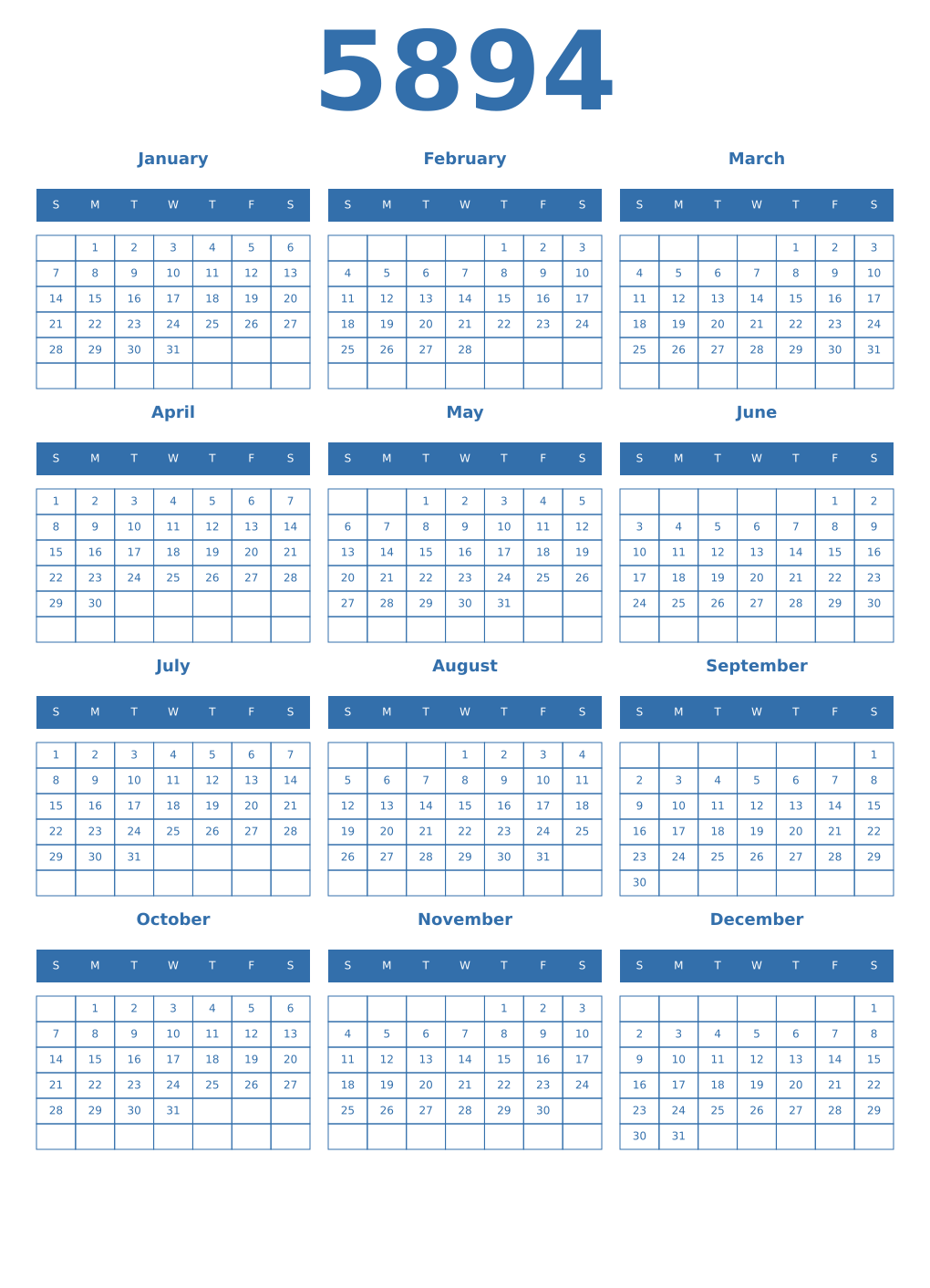 Printable 5894 Year Calendars blue