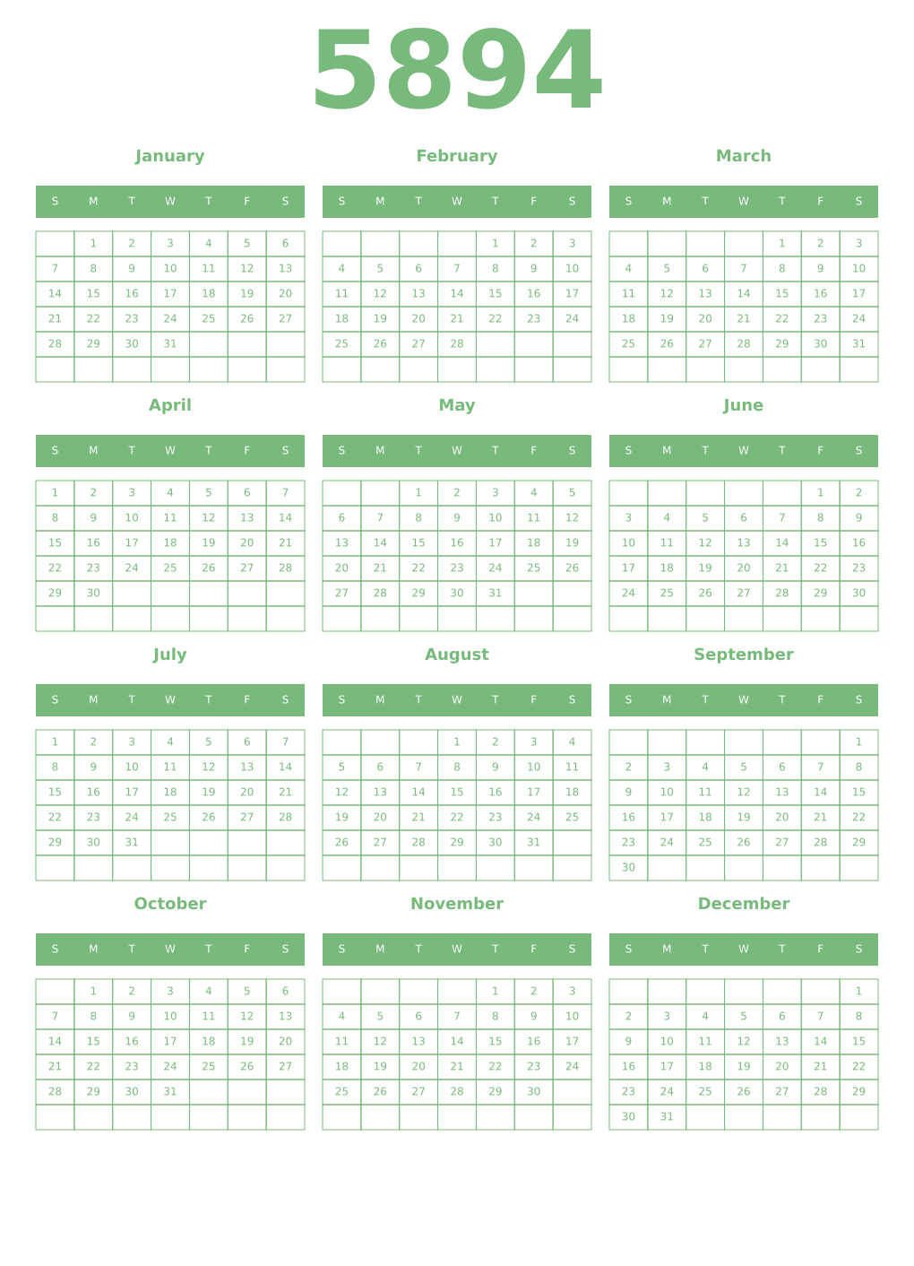 Printable 5894 Year Calendars celadon