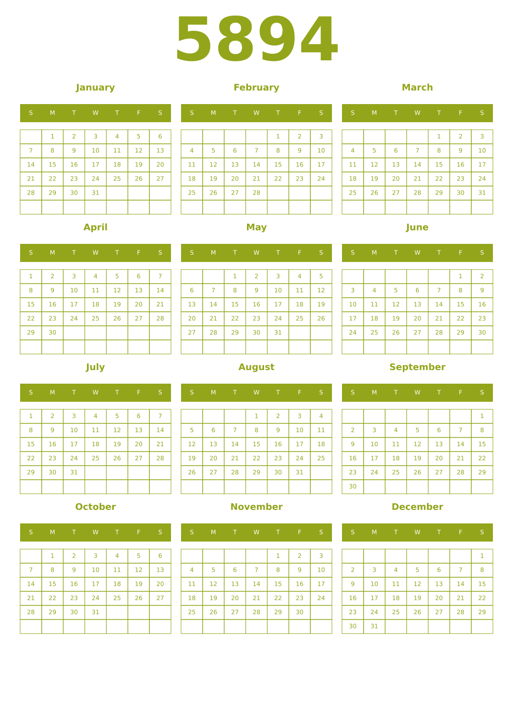 Printable 5894 Year Calendars chartreuse