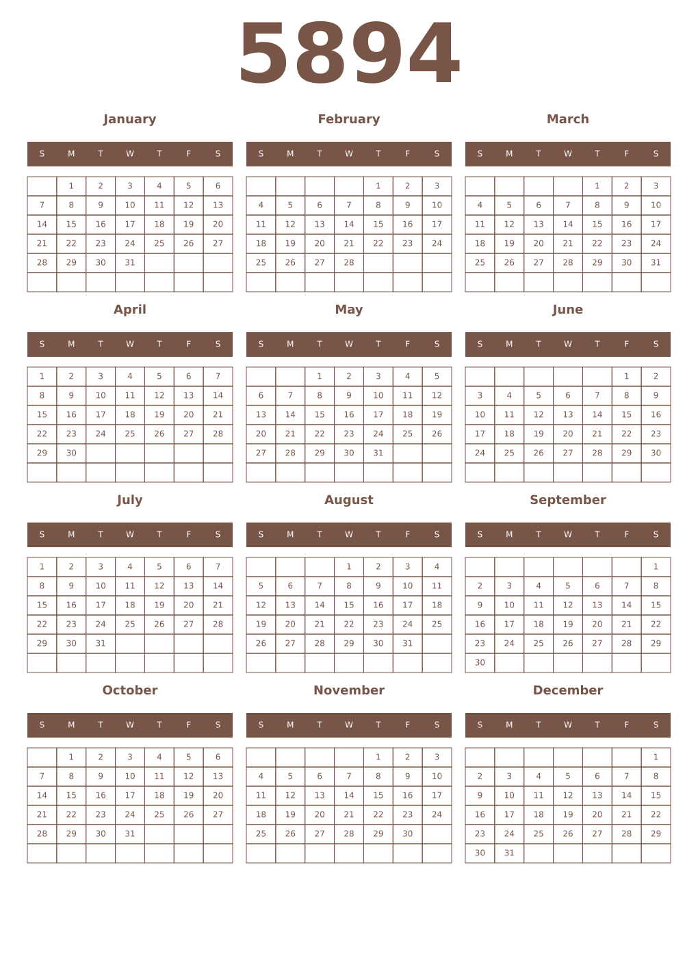 Printable 5894 Year Calendars coffe