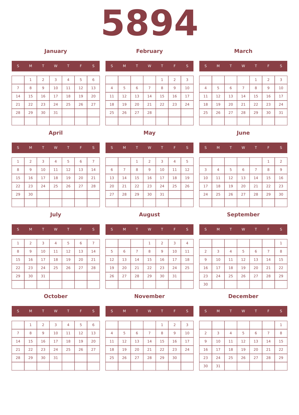 Printable 5894 Year Calendars cordovan