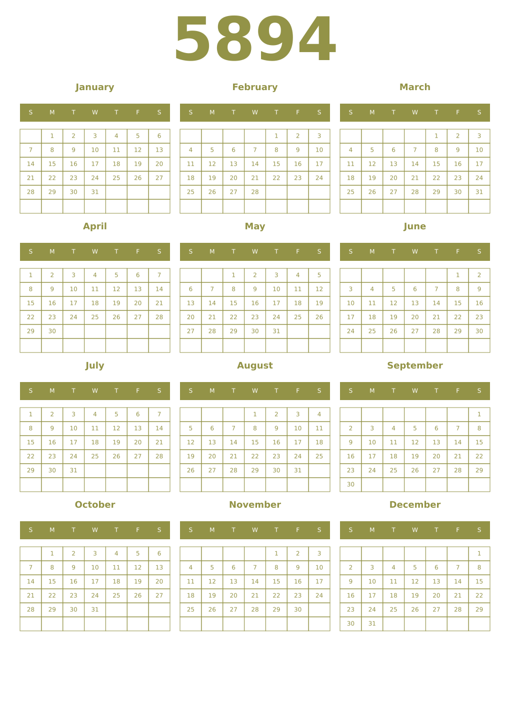 Printable 5894 Year Calendars eburnean