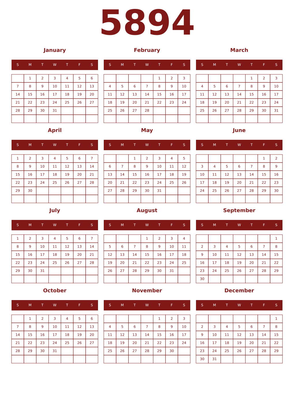 Printable 5894 Year Calendars falu