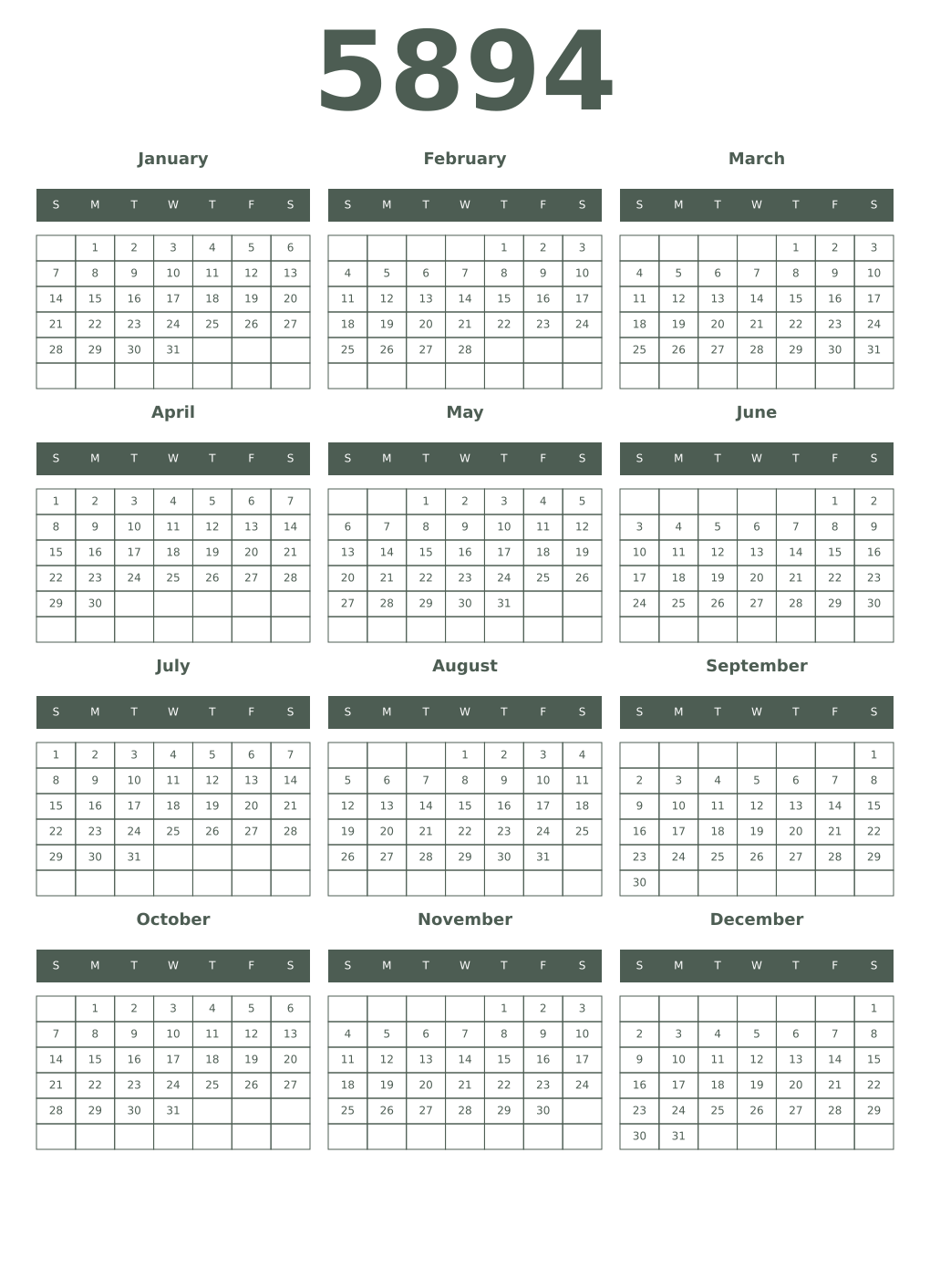 Printable 5894 Year Calendars feldgrau
