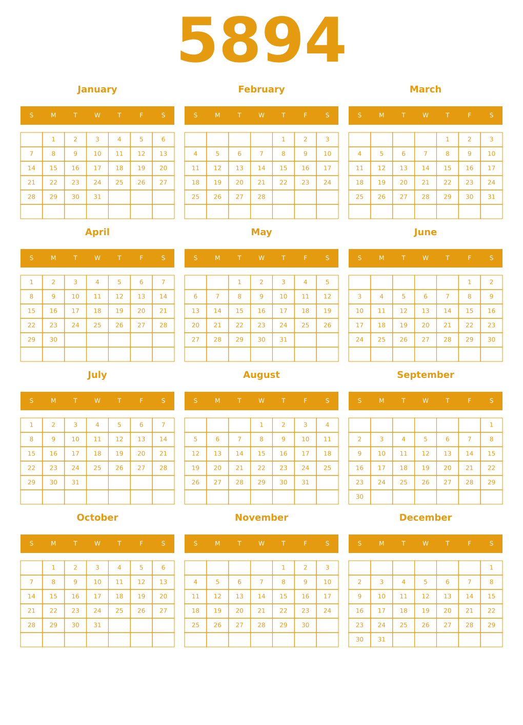 Printable 5894 Year Calendars gamboge