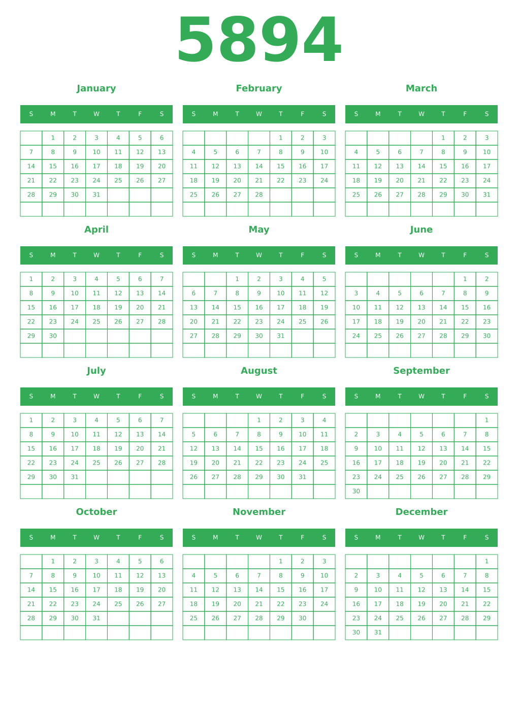 Printable 5894 Year Calendars green