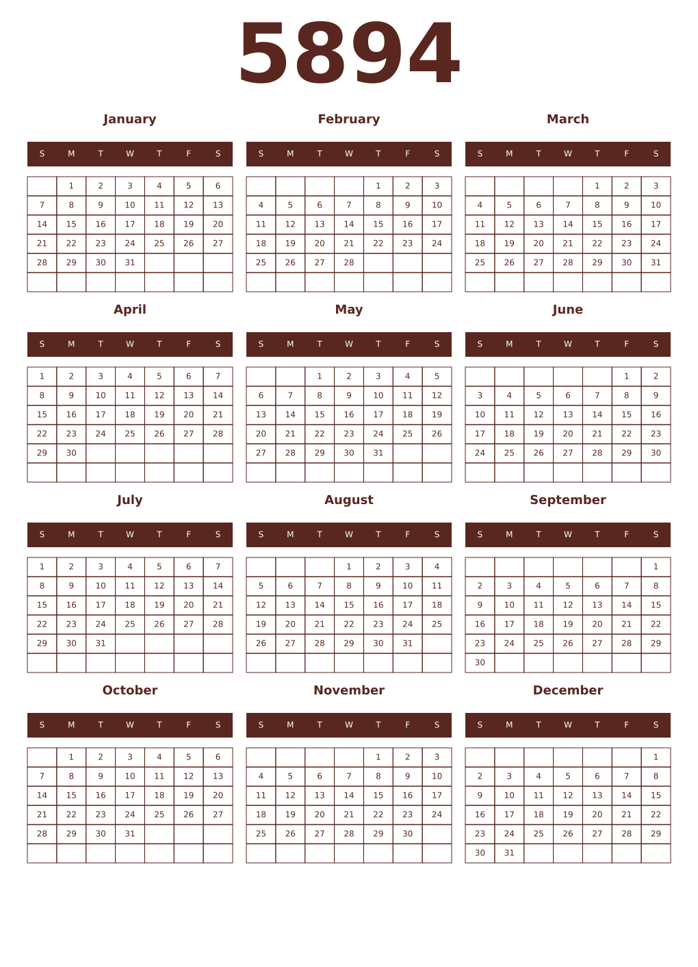 Printable 5894 Year Calendars mortuum