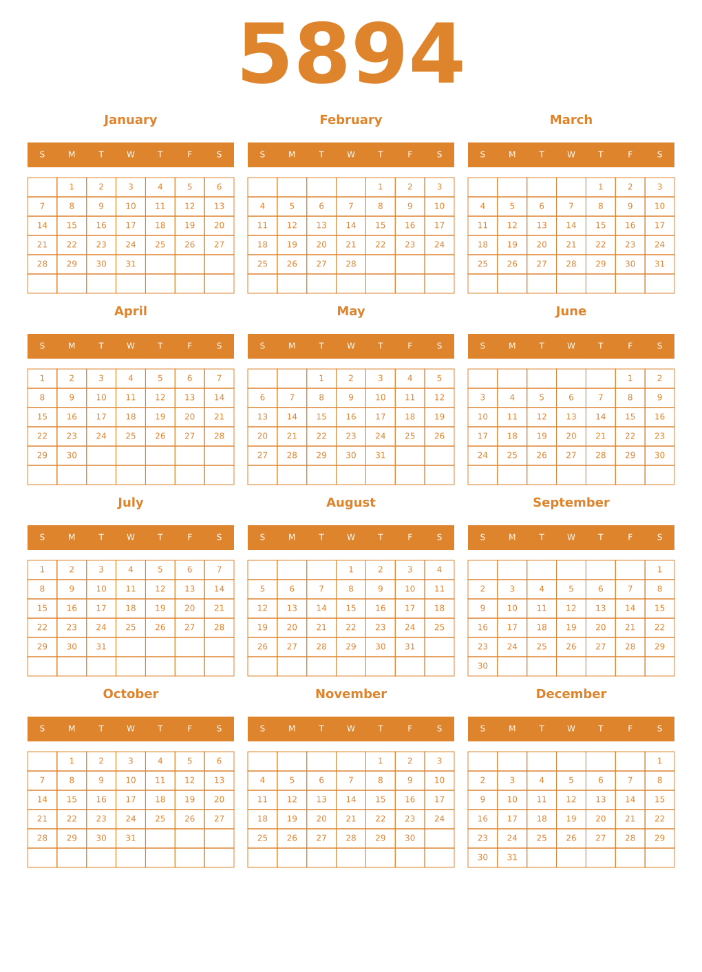 Printable 5894 Year Calendars orange
