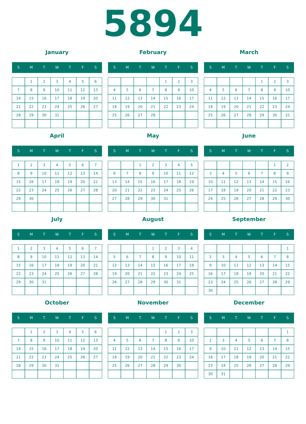 Printable 5894 Year Calendars pastel