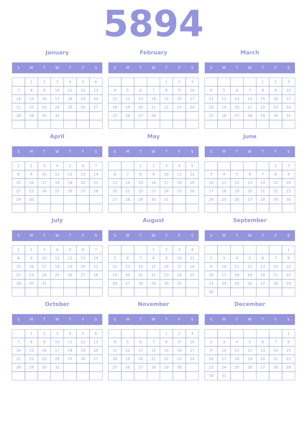 Printable 5894 Year Calendars periwinkle