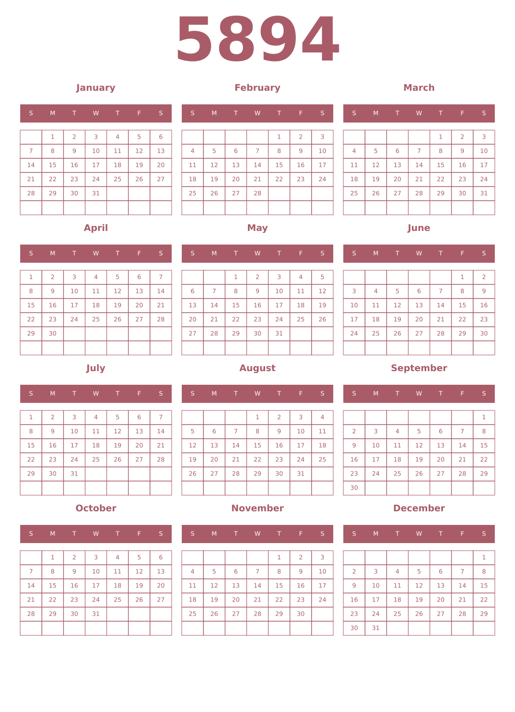 Printable 5894 Year Calendars puce