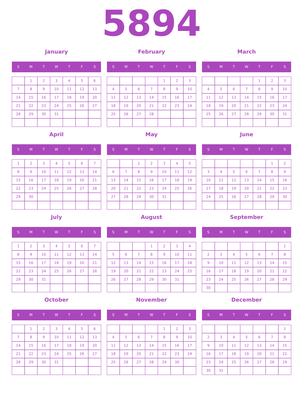 Printable 5894 Year Calendars purple