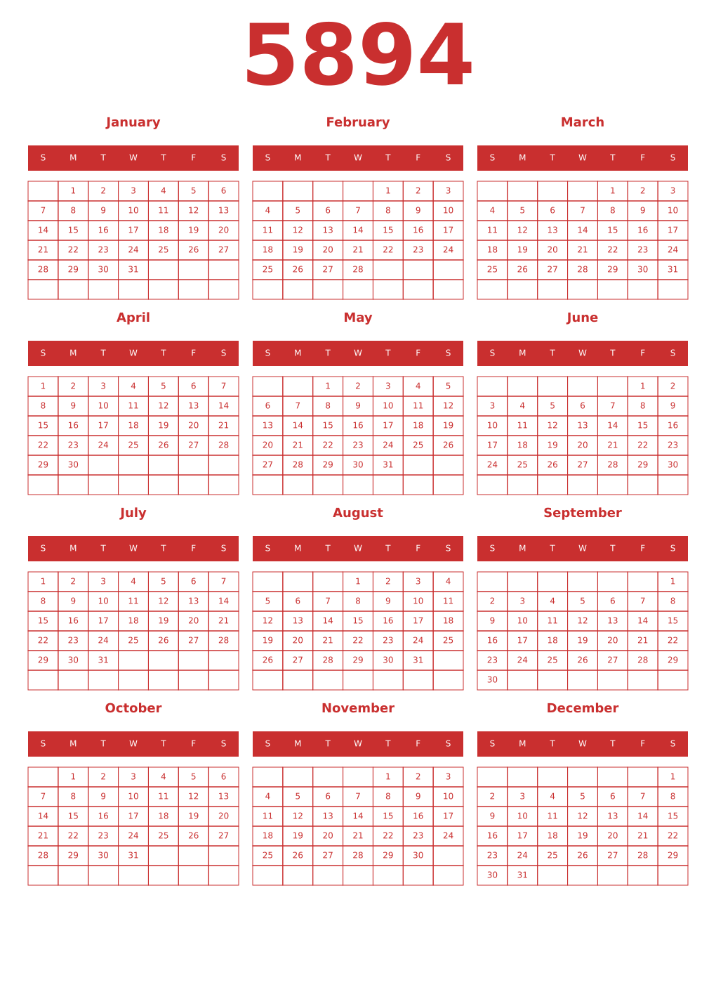 Printable 5894 Year Calendars red