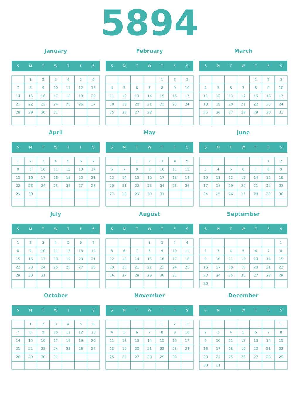 Printable 5894 Year Calendars verdigris