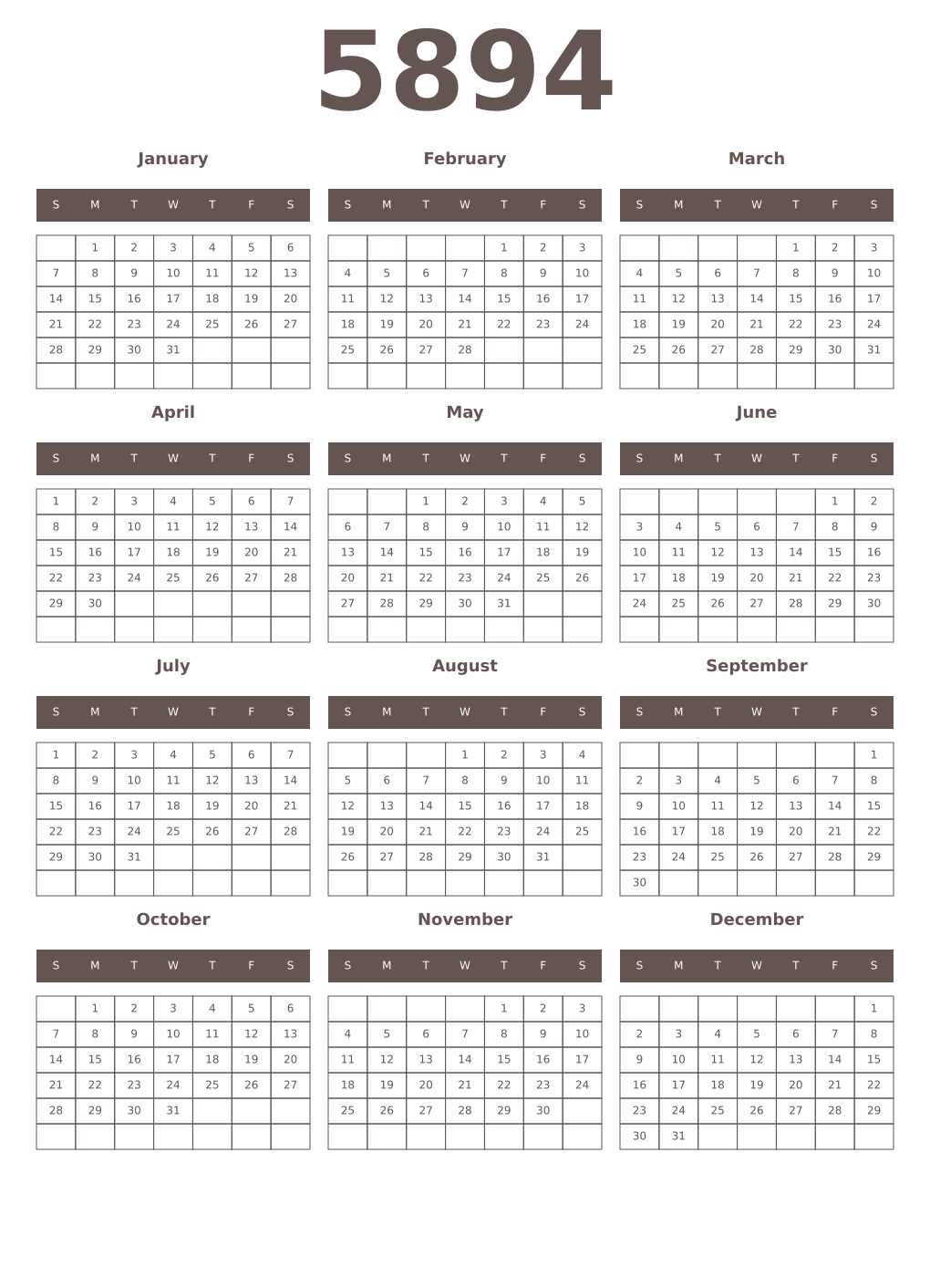 Printable 5894 Year Calendars wenge