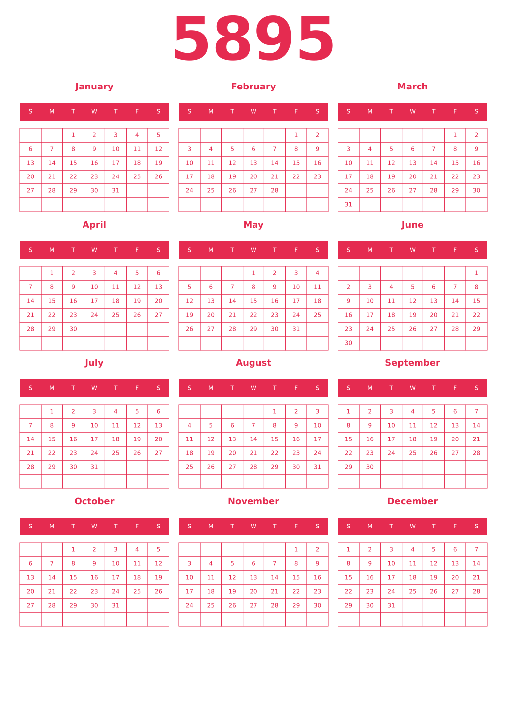 Printable 5895 Year Calendars amaranth
