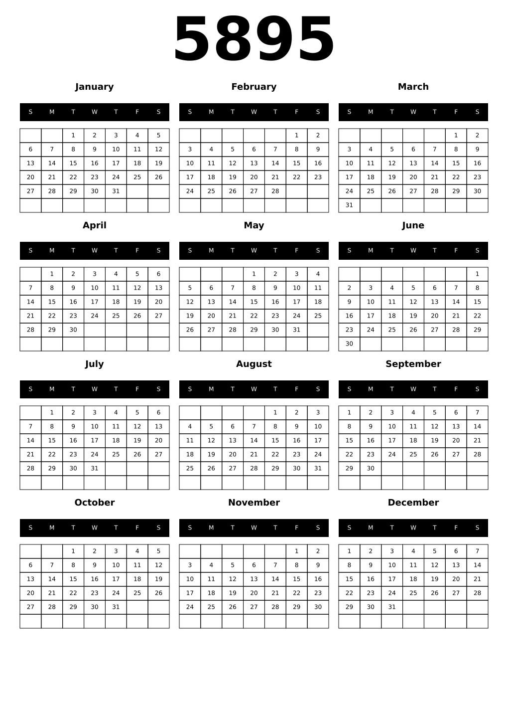 Printable 5895 Year Calendars black
