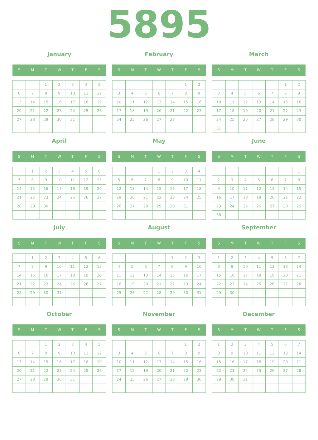 Printable 5895 Year Calendars celadon
