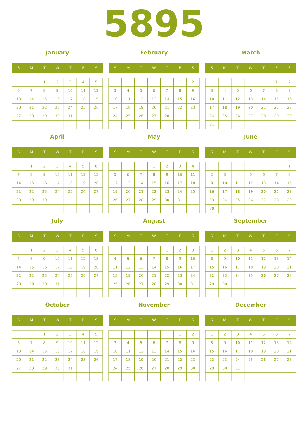 Printable 5895 Year Calendars chartreuse