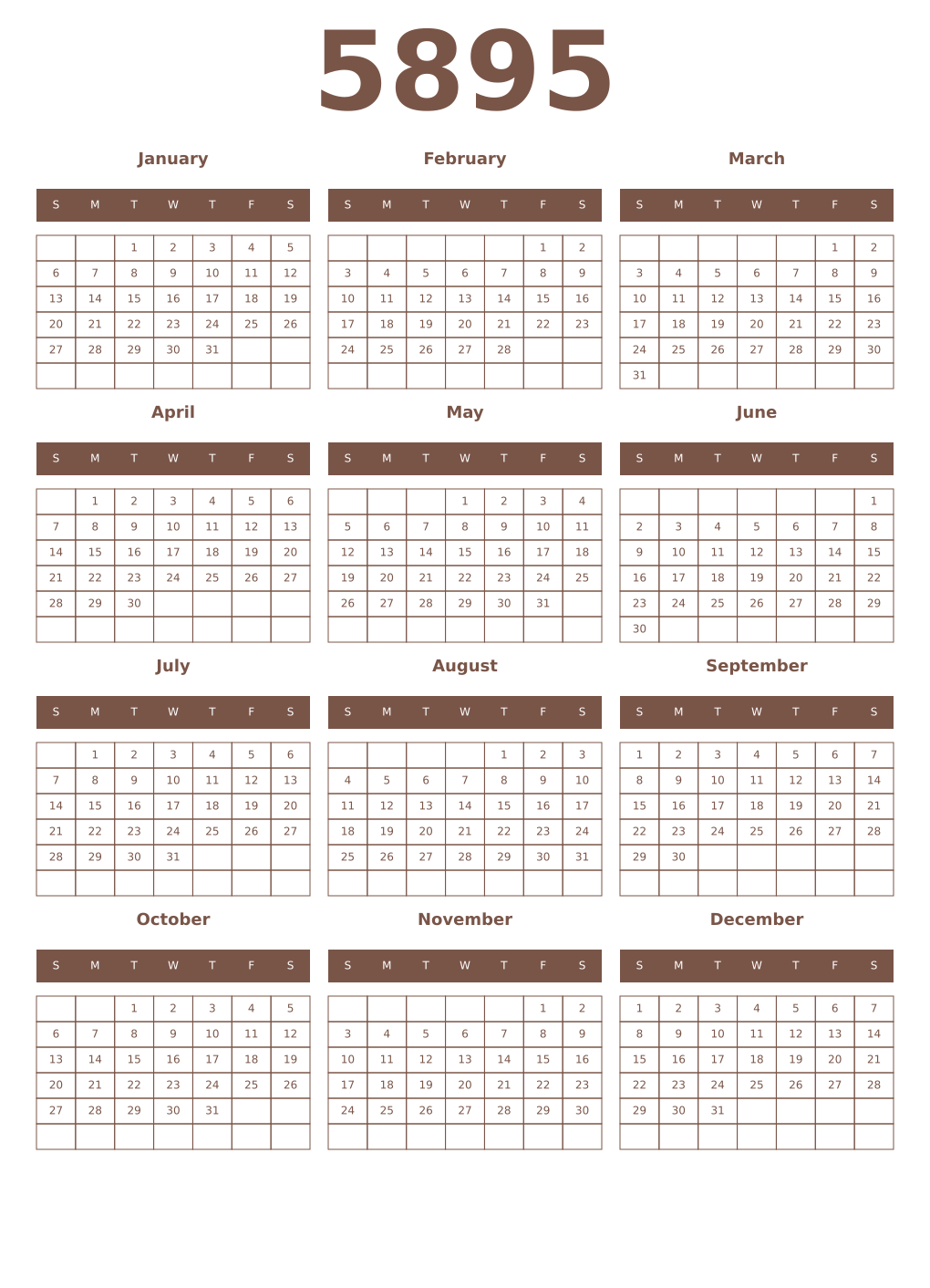 Printable 5895 Year Calendars coffe