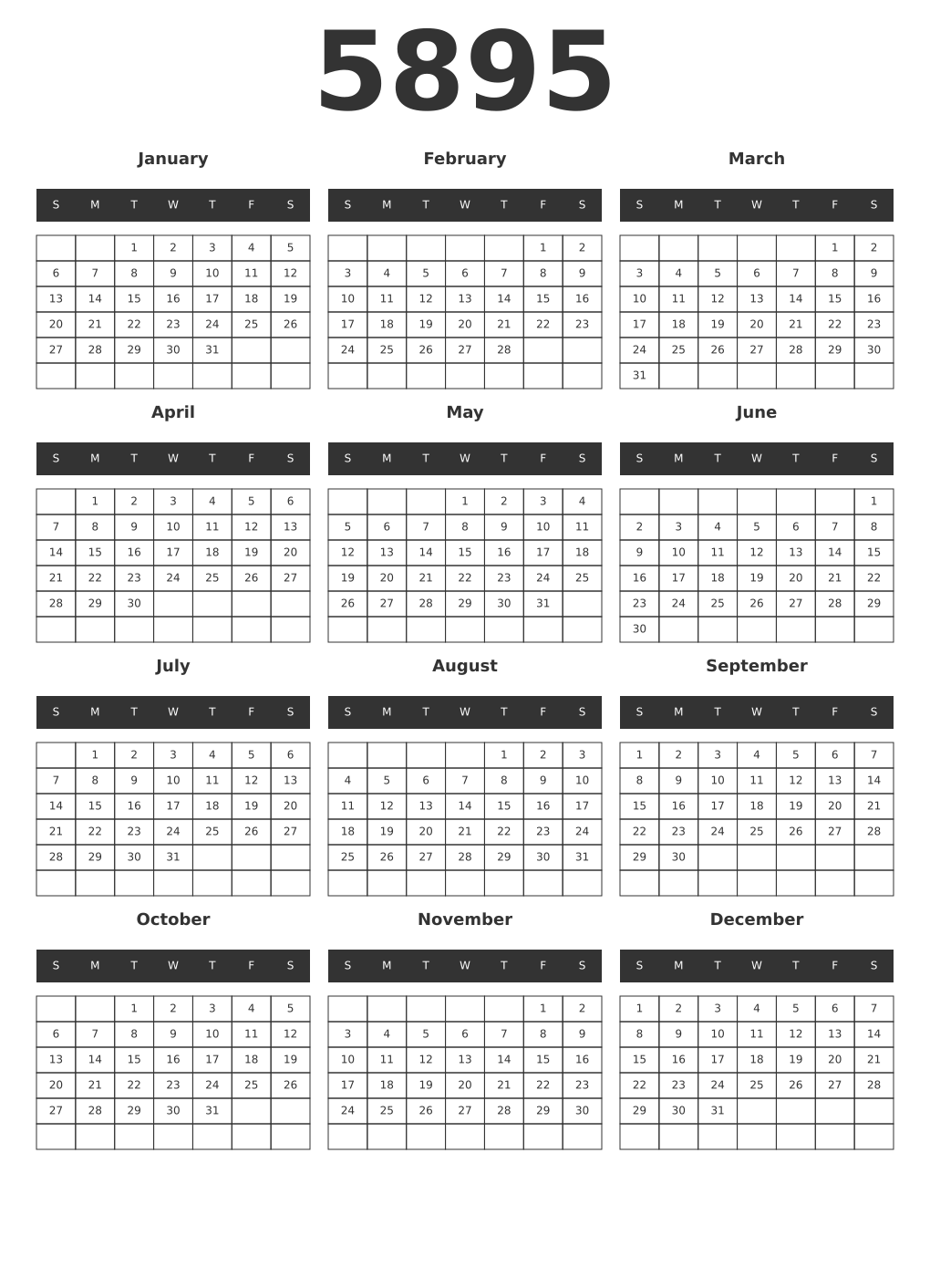 Printable 5895 Year Calendars dark